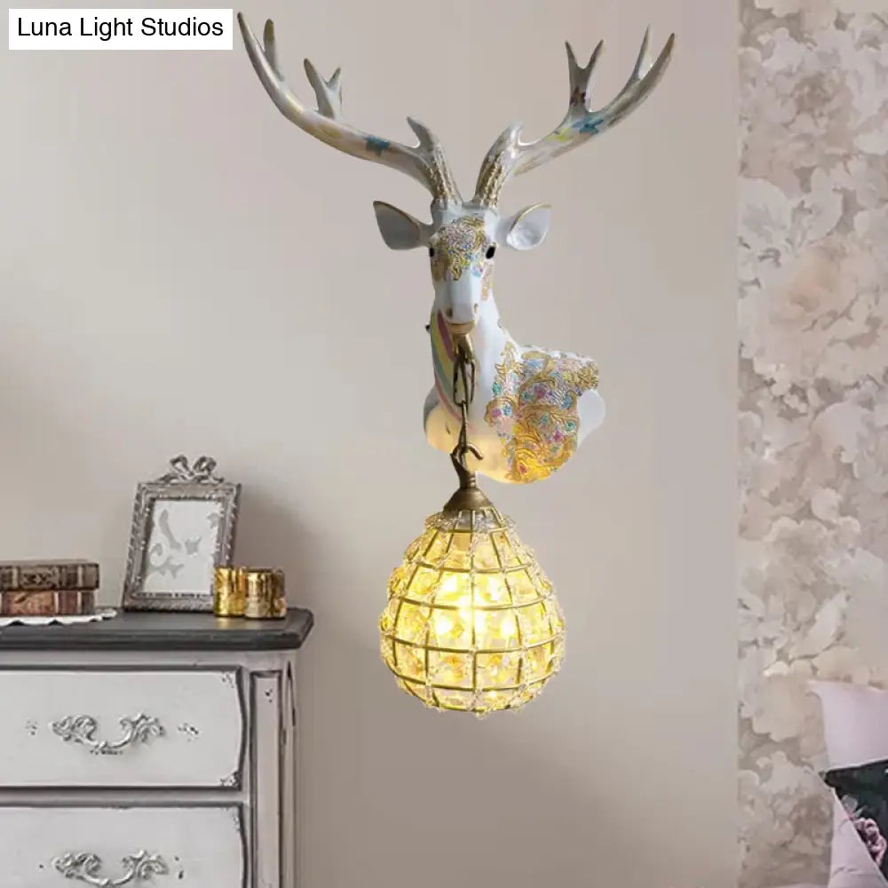 Crystal Globe Sconce Lamp With Deer Deco - Silver/White/Gold Right/Left