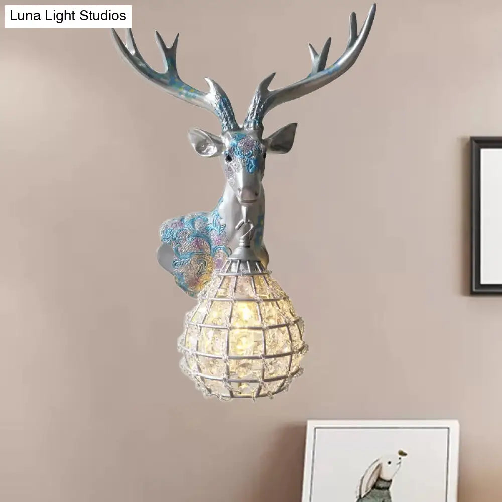 Crystal Globe Sconce Lamp With Deer Deco - Silver/White/Gold Right/Left