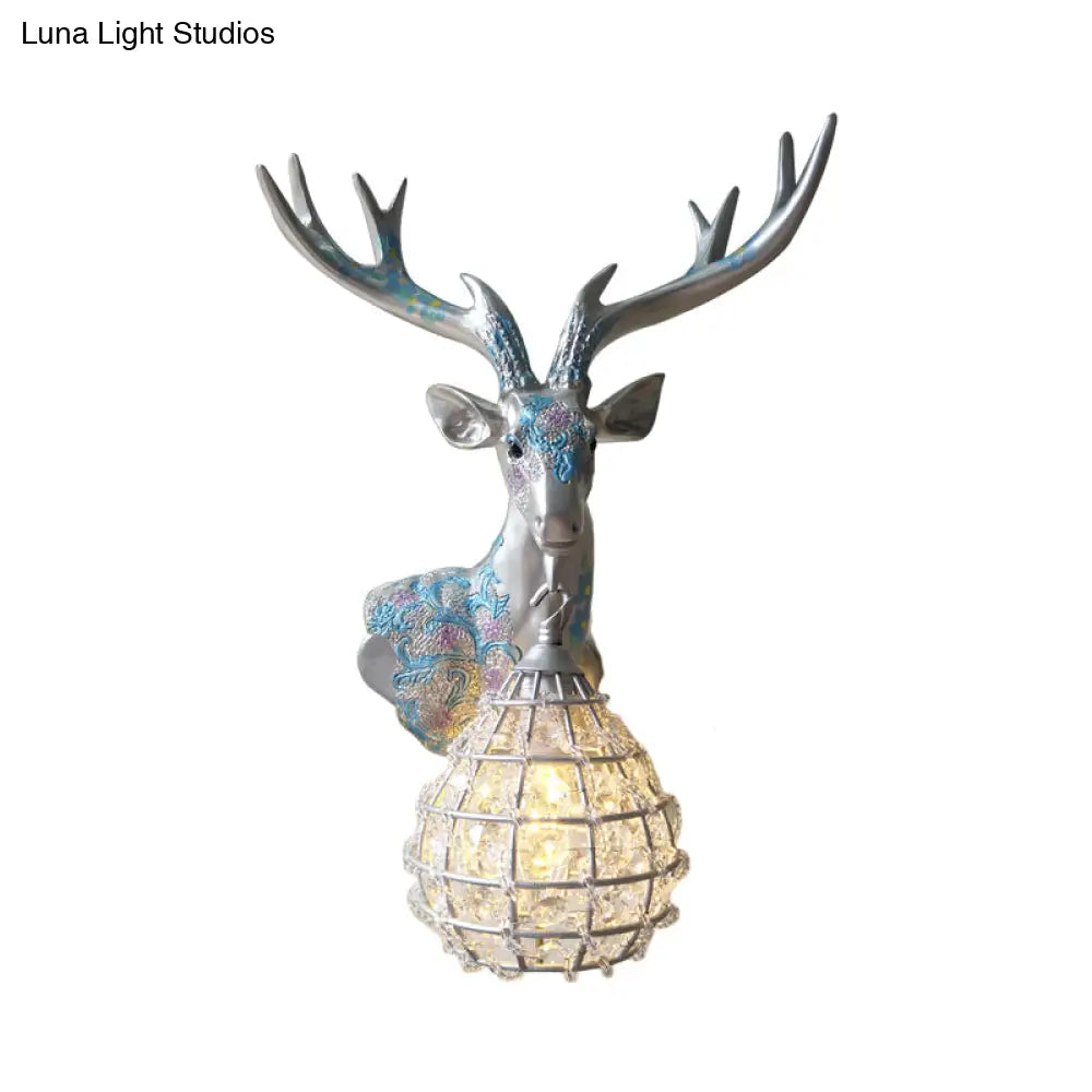 Crystal Globe Sconce Lamp With Deer Deco - Silver/White/Gold Right/Left