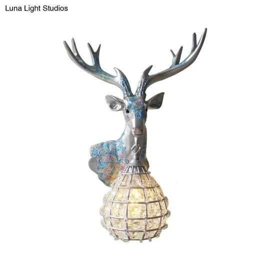 Crystal Globe Sconce Lamp With Deer Deco - Silver/White/Gold Right/Left