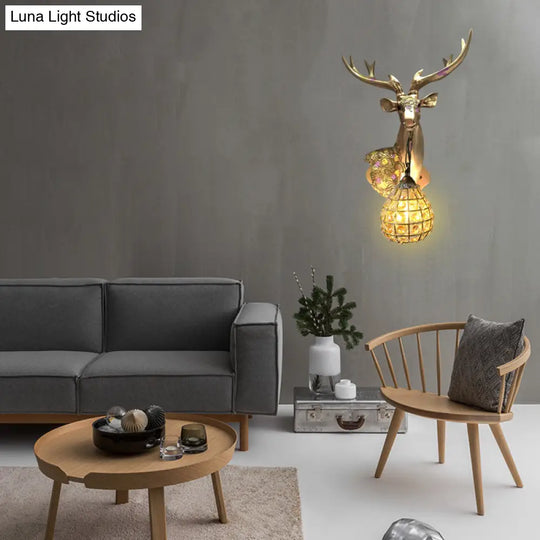 Crystal Globe Sconce Lamp With Deer Deco - Silver/White/Gold Right/Left