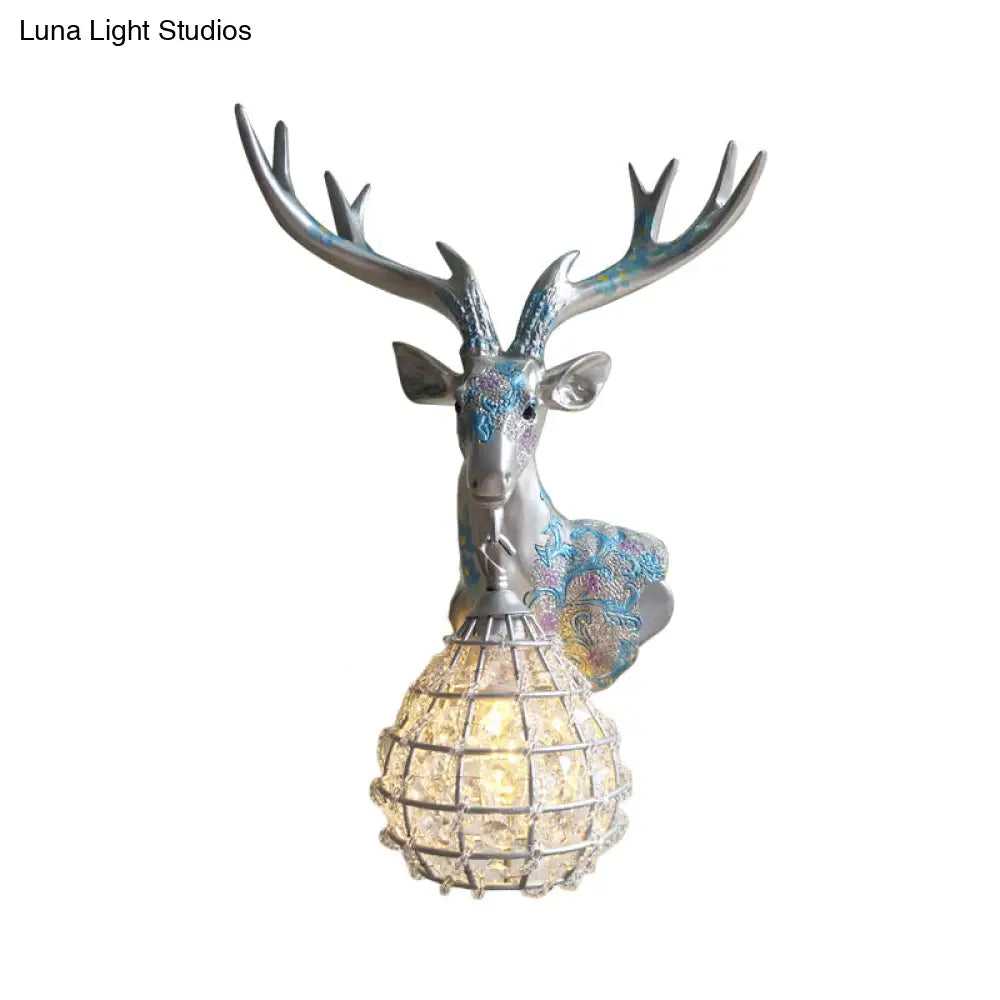 Crystal Globe Sconce Lamp With Deer Deco - Silver/White/Gold Right/Left