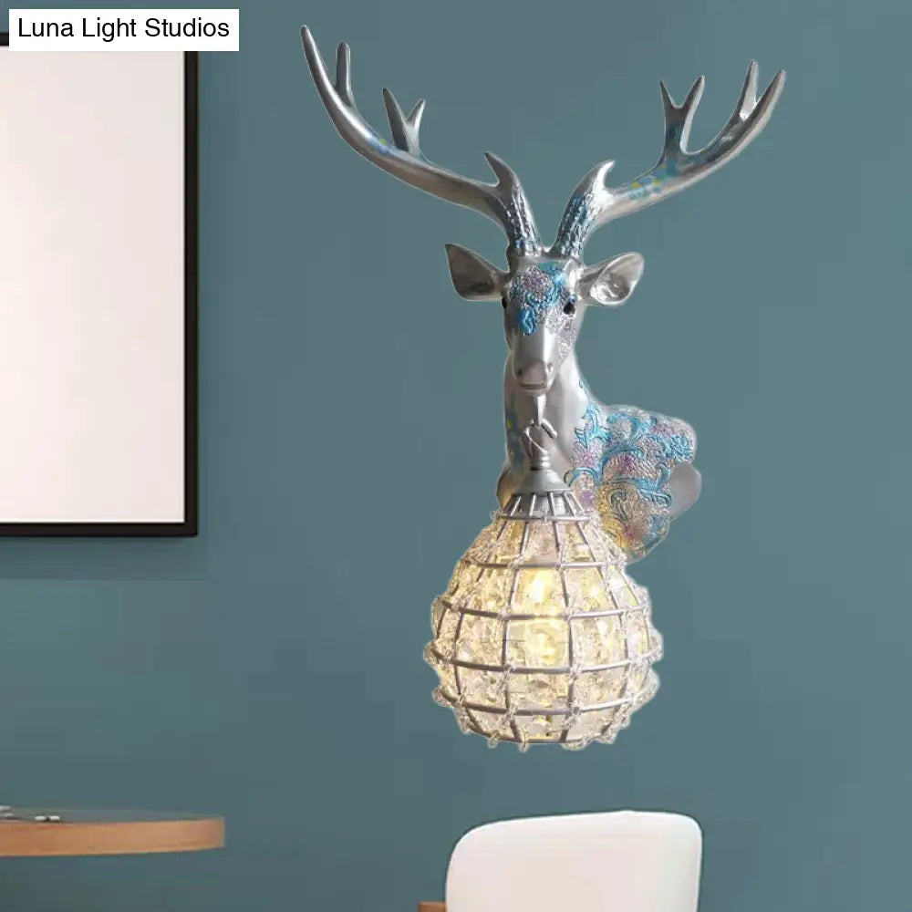 Crystal Globe Sconce Lamp With Deer Deco - Silver/White/Gold Right/Left