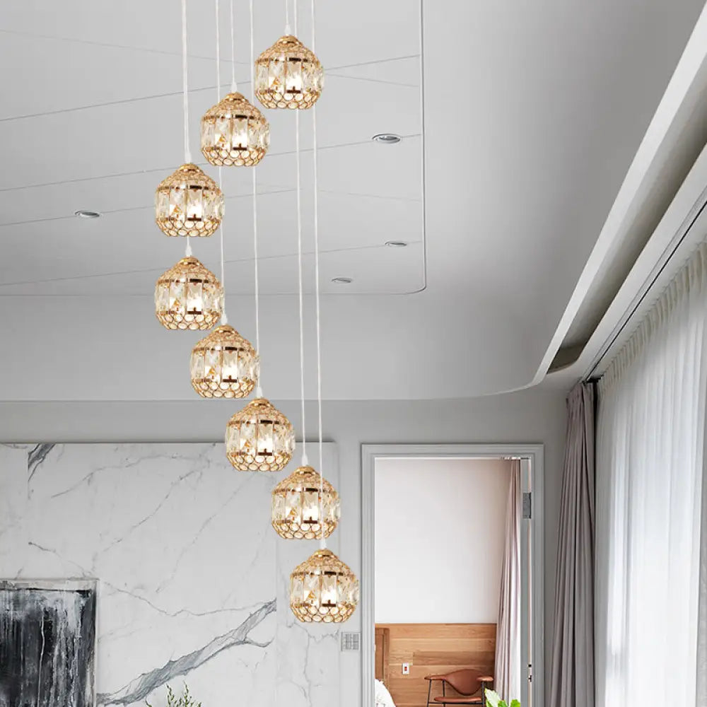 Crystal Gold Cluster Pendant Globe Hanging Lamp With Spiral Design - Modern 8-Bulb Fixture