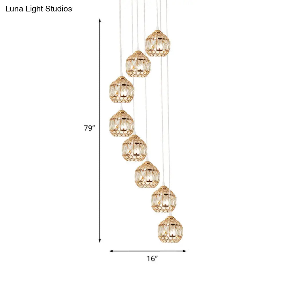 Spiral Design Gold Crystal Pendant Lamp With 8 Bulbs