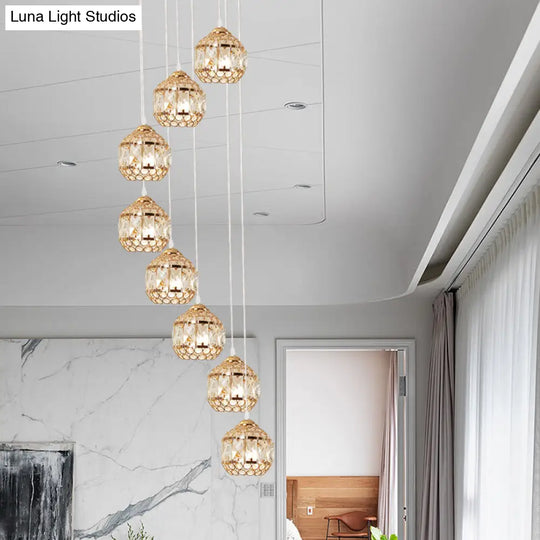 Spiral Design Gold Crystal Pendant Lamp With 8 Bulbs