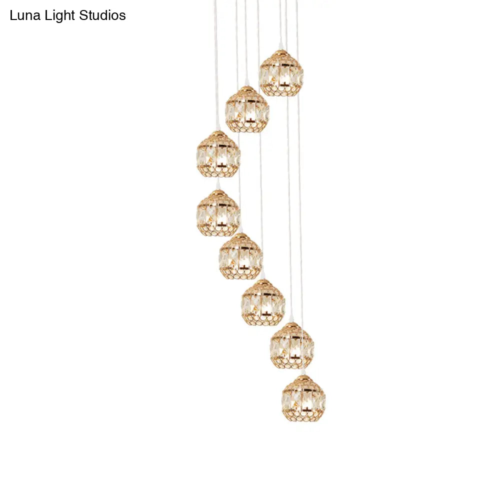 Crystal Gold Cluster Pendant Globe Hanging Lamp With Spiral Design - Modern 8-Bulb Fixture