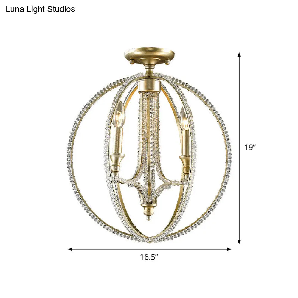 Crystal Gold Finish Semi Flush Ceiling Lamp With 3 Globe Heads - Traditional Lighting For Living