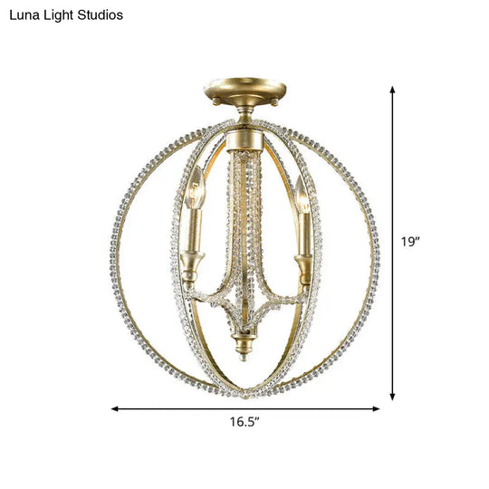 Crystal Gold Finish Semi Flush Ceiling Lamp With 3 Globe Heads - Traditional Lighting For Living