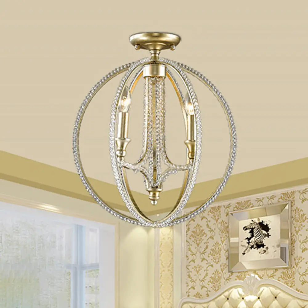 Crystal Gold Finish Semi Flush Ceiling Lamp With 3 Globe Heads - Traditional Lighting For Living