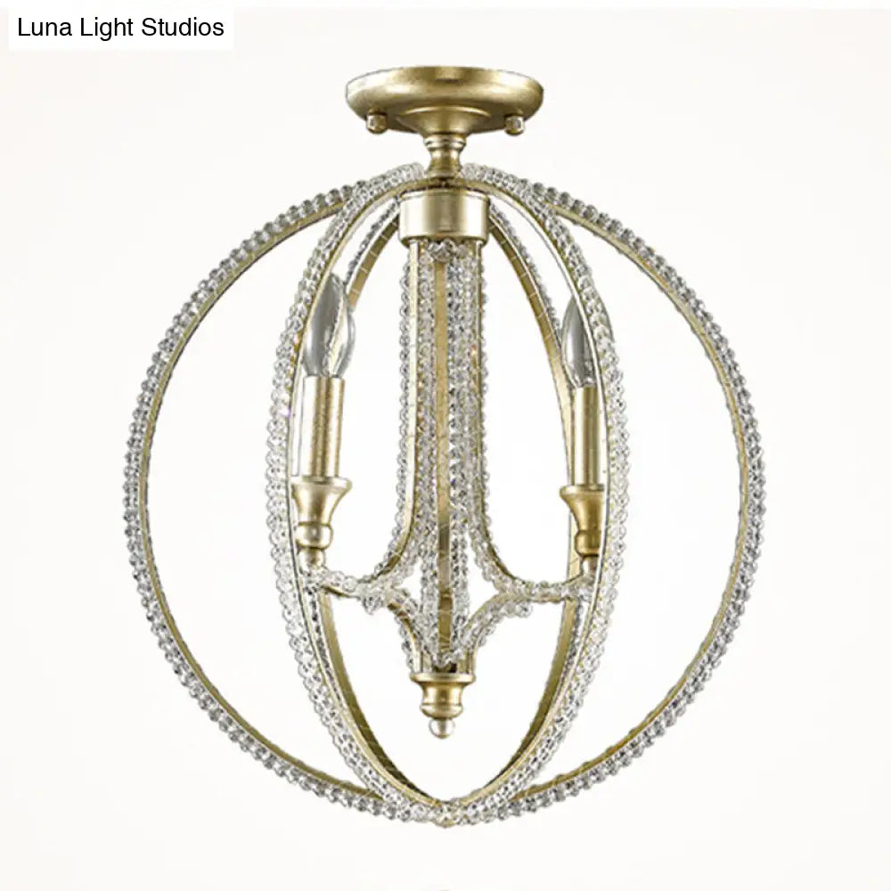 Crystal Gold Finish Semi Flush Ceiling Lamp With 3 Globe Heads - Traditional Lighting For Living