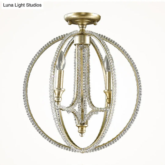 Crystal Gold Finish Semi Flush Ceiling Lamp With 3 Globe Heads - Traditional Lighting For Living