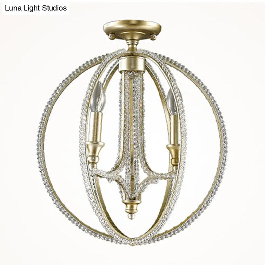 Crystal Gold Finish Semi Flush Ceiling Lamp With 3 Globe Heads - Traditional Lighting For Living