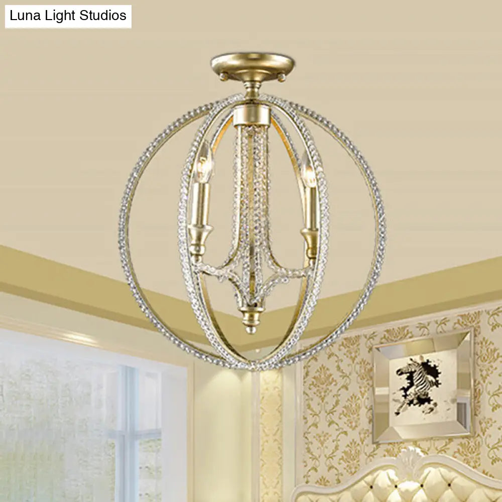 Crystal Gold Finish Semi Flush Ceiling Lamp With 3 Globe Heads - Traditional Lighting For Living