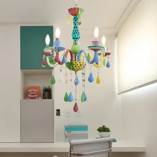 Crystal Kids Multi-Color Chandelier: Glass Candle Hanging Light For Nursery 5 / Aqua