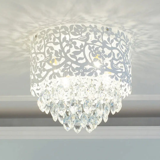 Crystal Leaf Metal Flush Mount Ceiling Light For Girls’ Bedroom In White