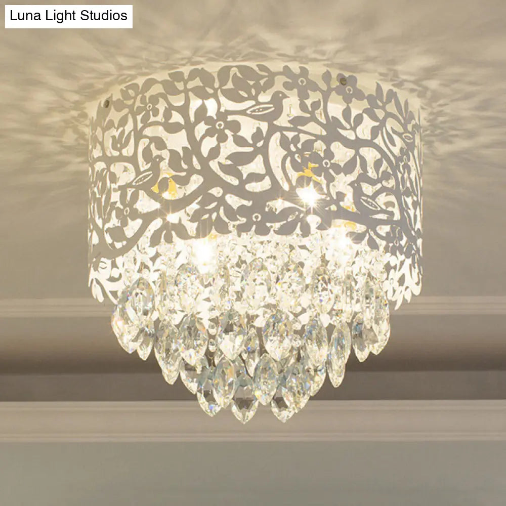 Crystal Leaf Metal Flush Mount Ceiling Light For Girls’ Bedroom In White