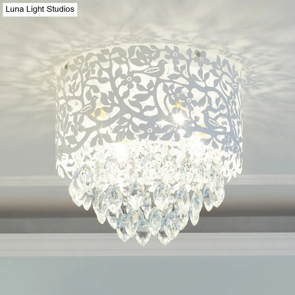 Crystal Leaf Metal Flush Mount Ceiling Light For Girls Bedroom In White