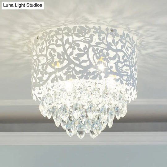Crystal Leaf Metal Flush Mount Ceiling Light For Girls Bedroom In White