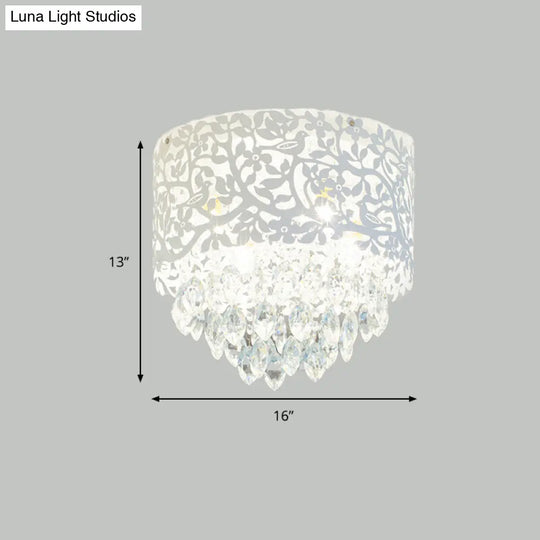 Crystal Leaf Metal Flush Mount Ceiling Light For Girls Bedroom In White