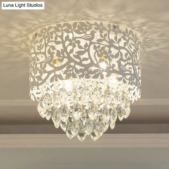 Crystal Leaf Metal Flush Mount Ceiling Light For Girls Bedroom In White