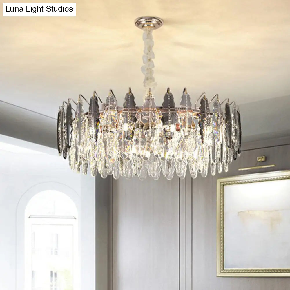 Crystal Leaf Round Ceiling Chandelier With 9 Bulbs For Modern Living Rooms