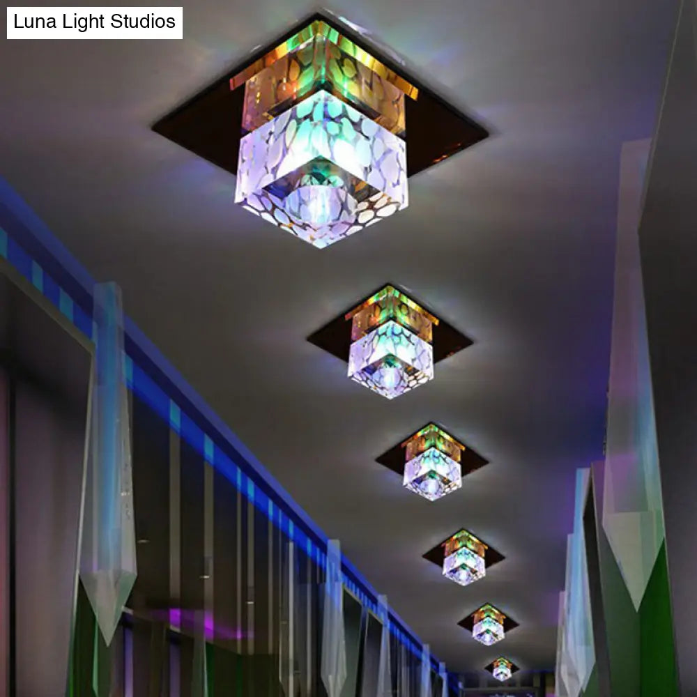 Crystal Led Cube Flush Mount Lighting For Minimalist Hallways Tan / Multi Color