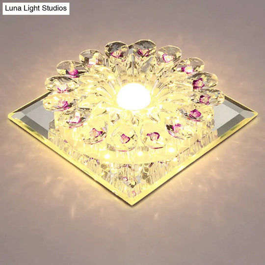 Crystal Led Flush Ceiling Light Fixture - Modern Entryway Clear / Warm Square Plate