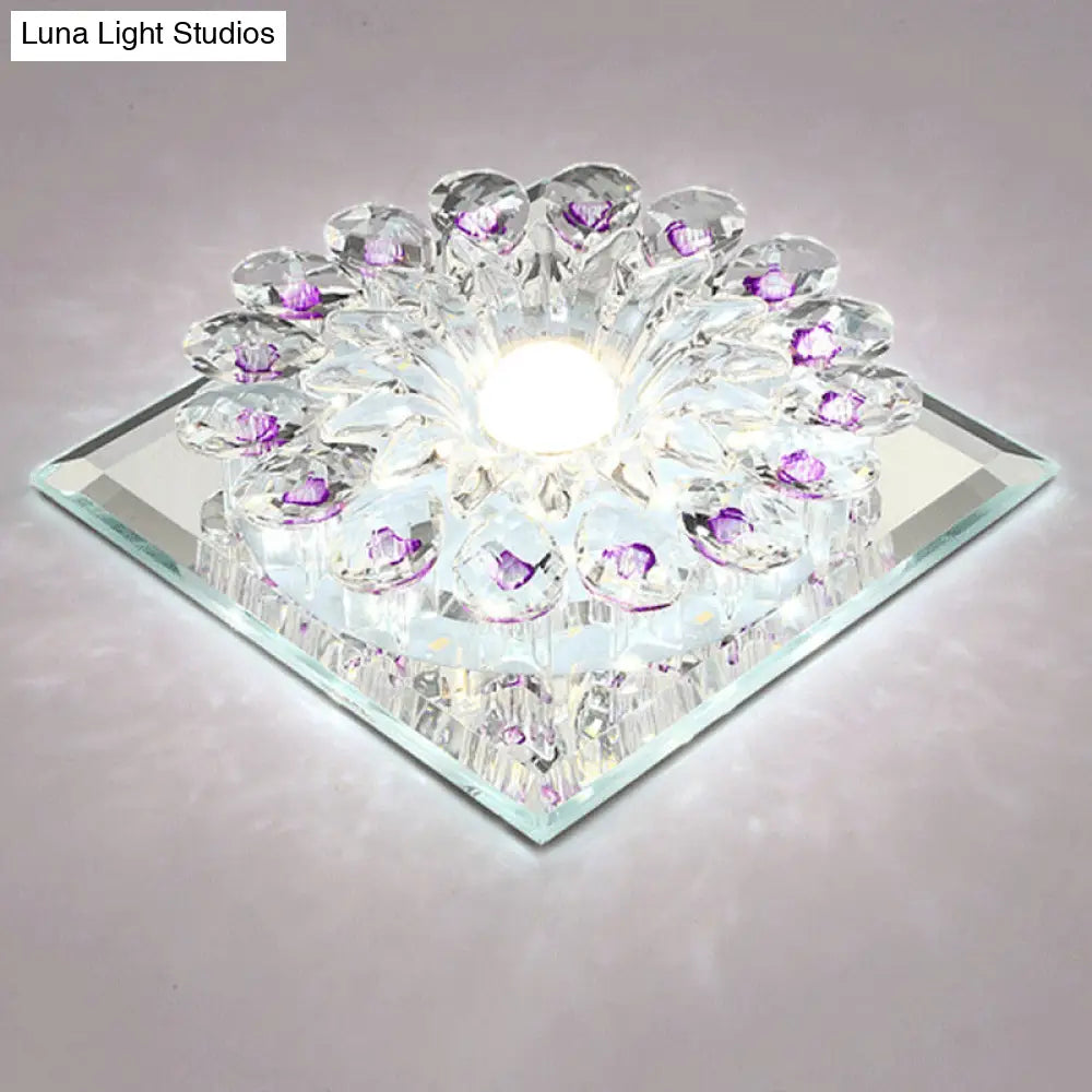 Crystal Led Flush Ceiling Light Fixture - Modern Entryway Clear / White Square Plate