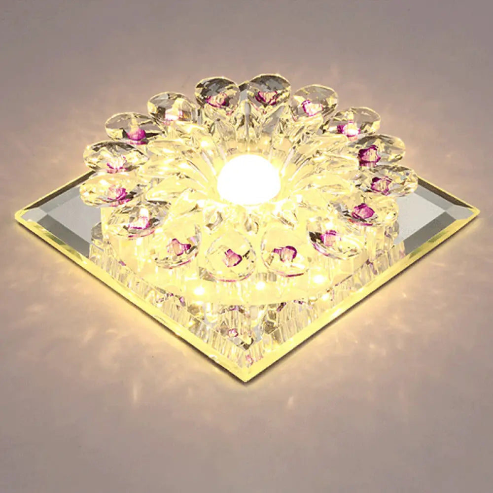 Crystal Led Flush Ceiling Light Fixture - Modern Entryway Clear / Warm Square Plate