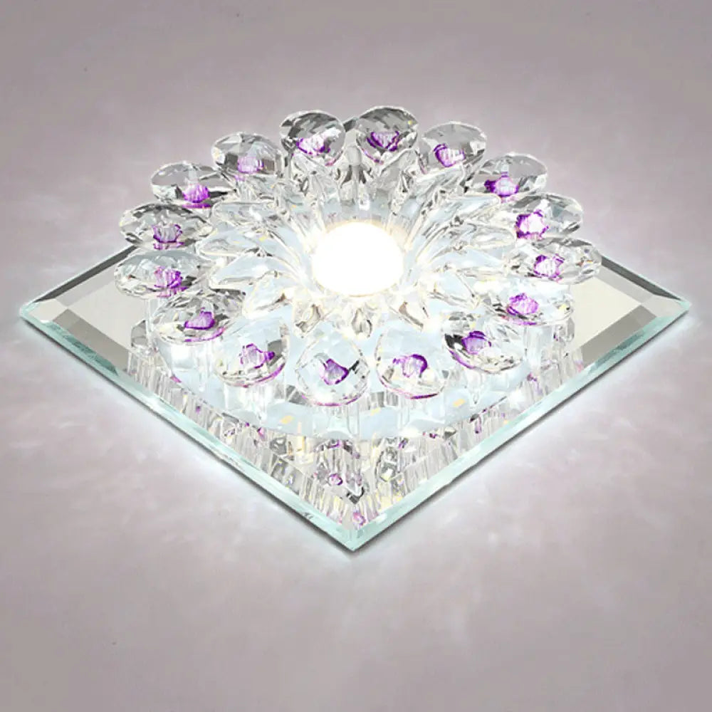 Crystal Led Flush Ceiling Light Fixture - Modern Entryway Clear / White Square Plate