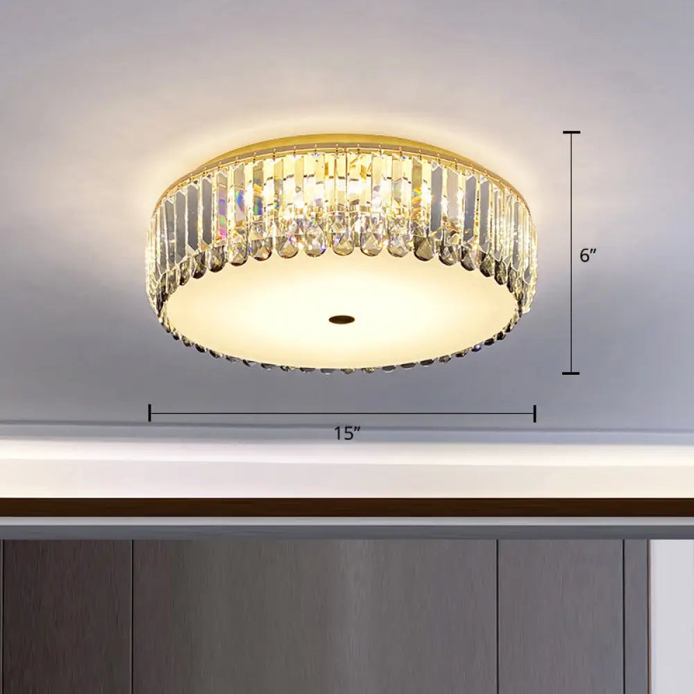 Crystal Led Flush - Mount Ceiling Light With Brass Finish Drum Shape - Simplistic Elegance / 15’