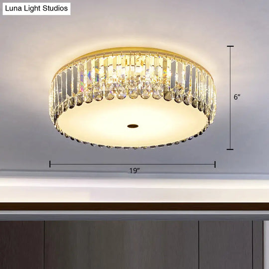 Crystal Led Flush-Mount Ceiling Light With Brass Finish Drum Shape - Simplistic Elegance / 19