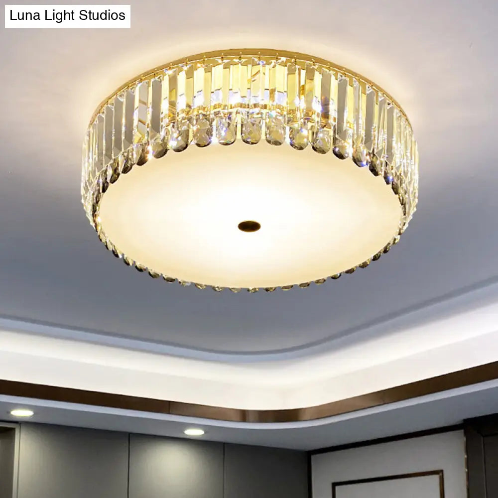 Crystal Led Flush-Mount Ceiling Light With Brass Finish Drum Shape - Simplistic Elegance