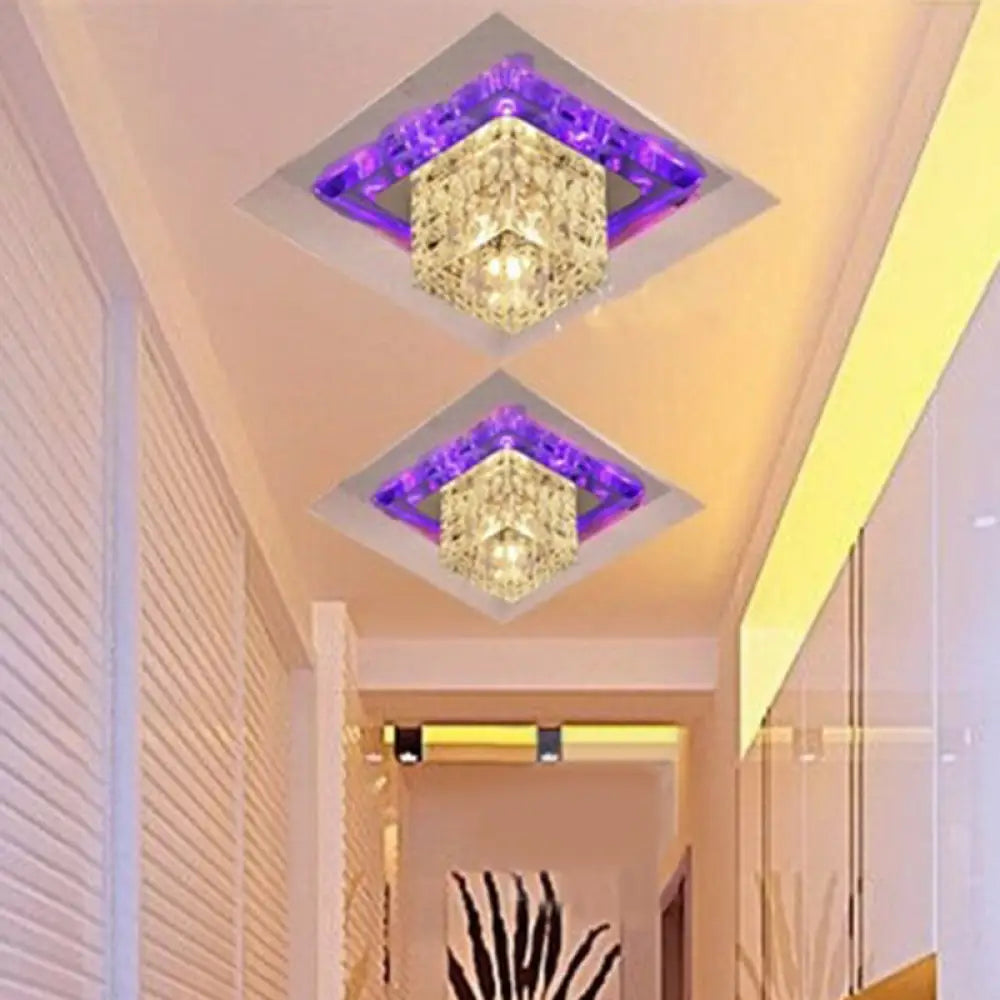 Crystal Led Flush Mount Entryway Light In Minimalist Square Design Clear / 5.5’ Purple