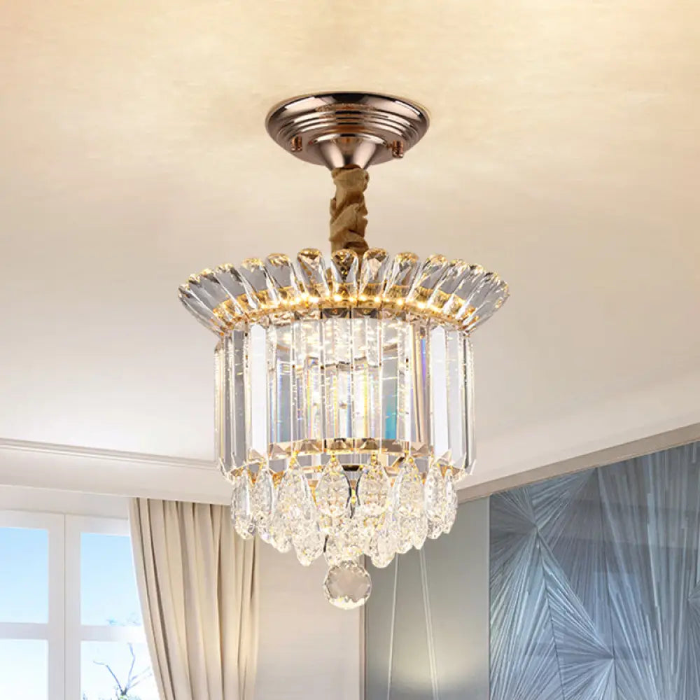 Crystal Led Flush Mount With Gold Finish And Dangling Drops Clear