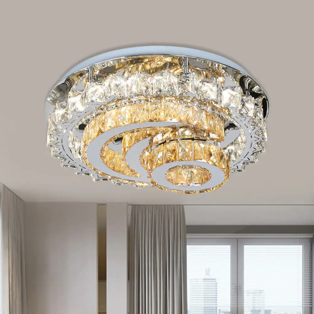Crystal Led Flushmount Parlor Ceiling Light With Inlaid Opulent Chrome Moon And Circle Design