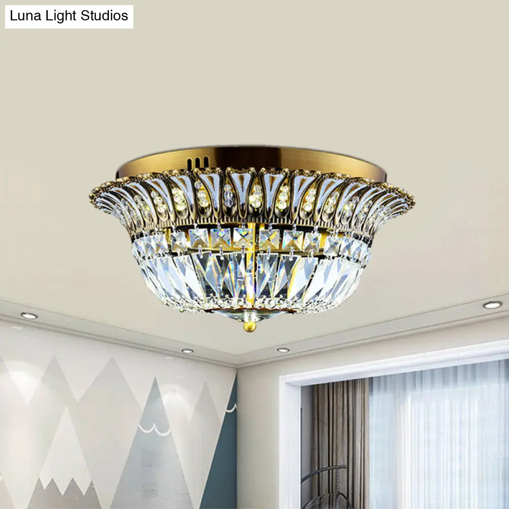 Crystal Led Gold Flared Shade Flushmount Light Fixture For Modern Living Rooms