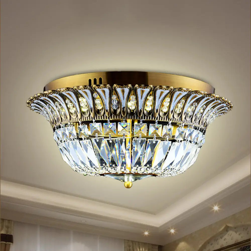 Crystal Led Gold Flared Shade Flushmount Light Fixture For Modern Living Rooms