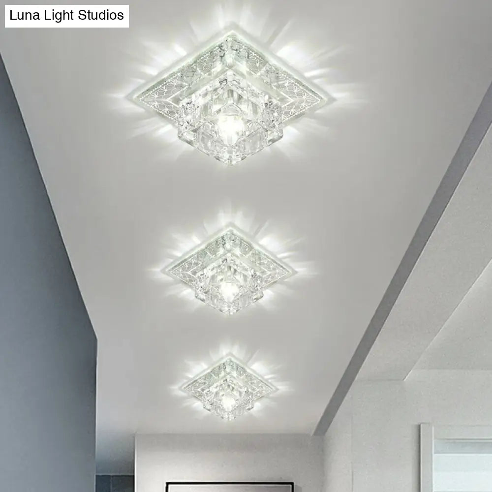 Crystal Led Hallway Flush Mount Light - Minimalist Square Design In Clear / Small White