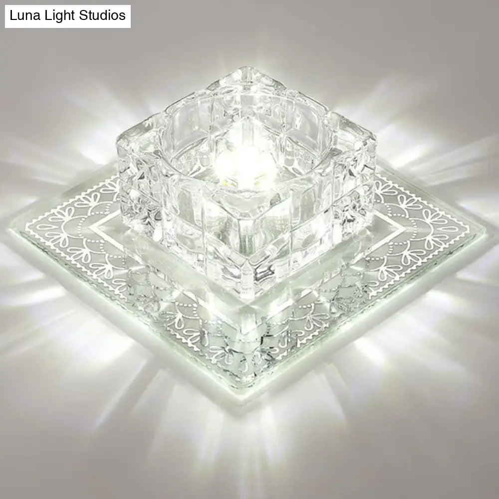 Crystal Led Hallway Flush Mount Light - Minimalist Square Design In Clear