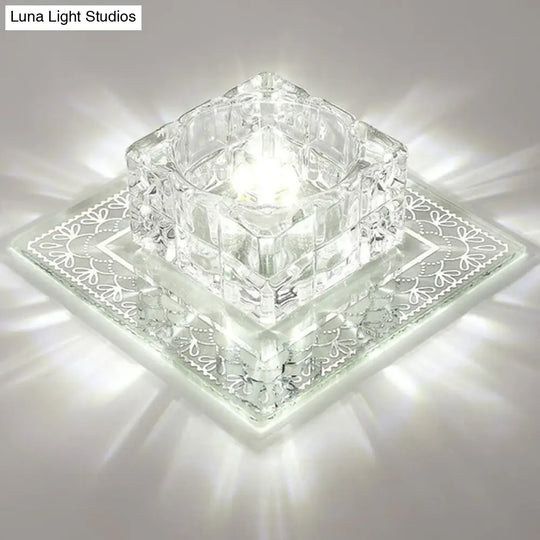 Crystal Led Hallway Flush Mount Light - Minimalist Square Design In Clear