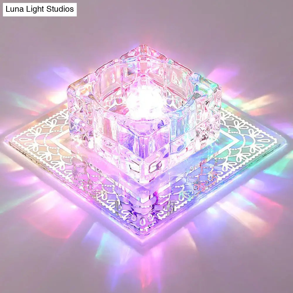 Crystal Led Hallway Flush Mount Light - Minimalist Square Design In Clear