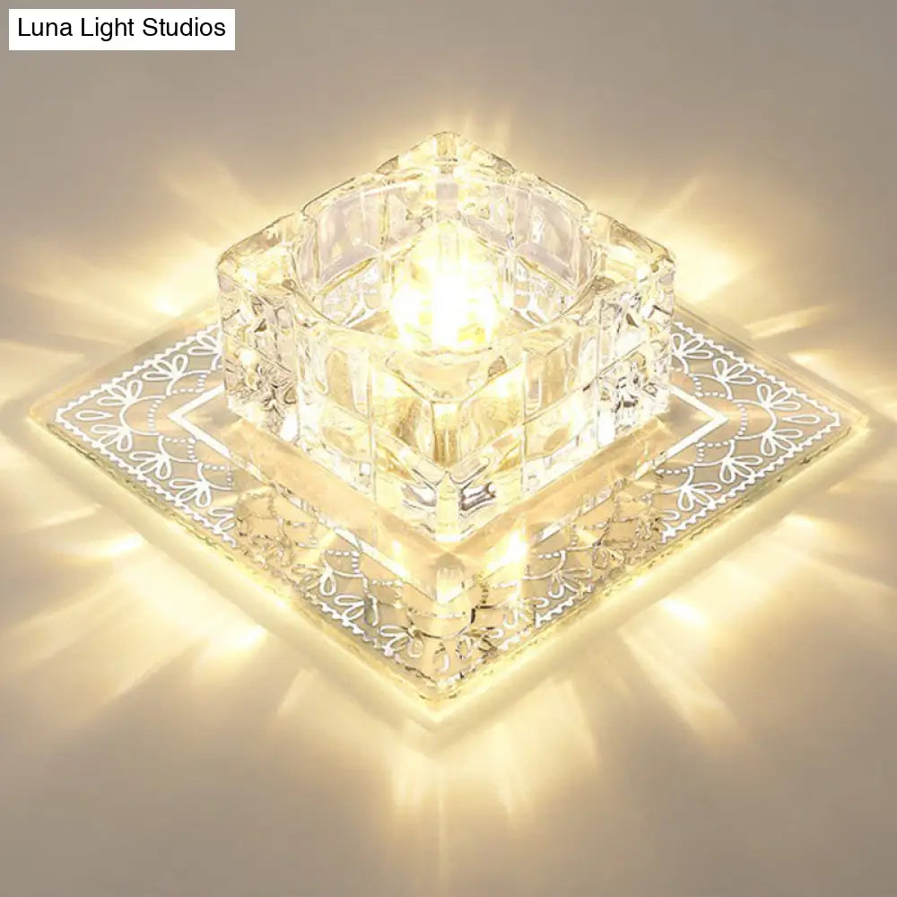 Crystal Led Hallway Flush Mount Light - Minimalist Square Design In Clear