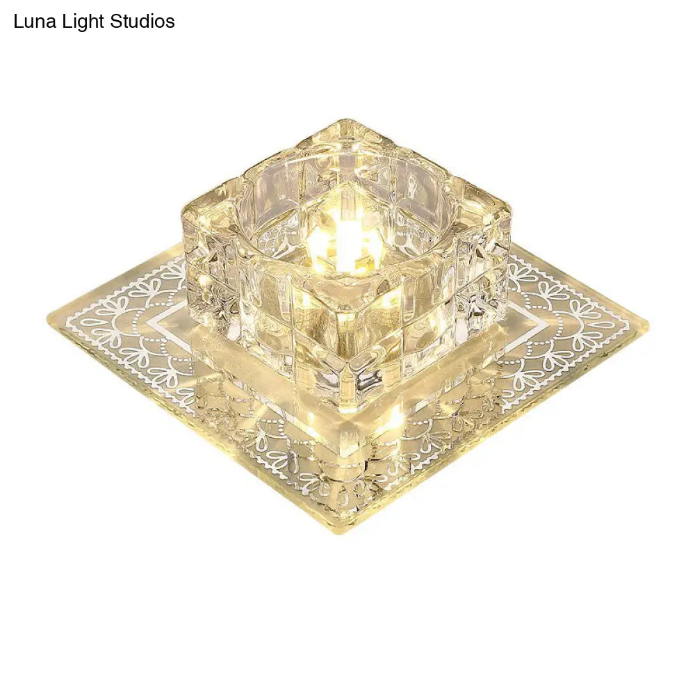 Crystal Led Hallway Flush Mount Light - Minimalist Square Design In Clear