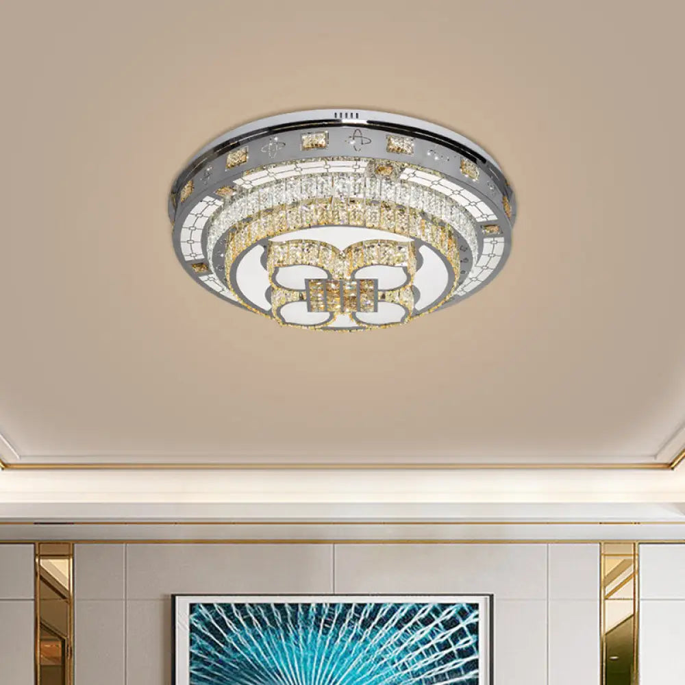 Crystal Lotus Flushmount Led Ceiling Lamp In Chrome Warm & White Light /