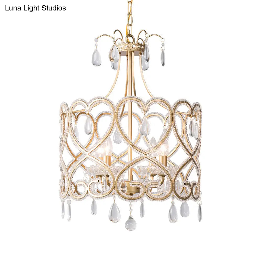 Crystal Nordic Gold Cylinder Chandelier With 4 Bulbs: Elegant Teardrop Hanging Ceiling Light