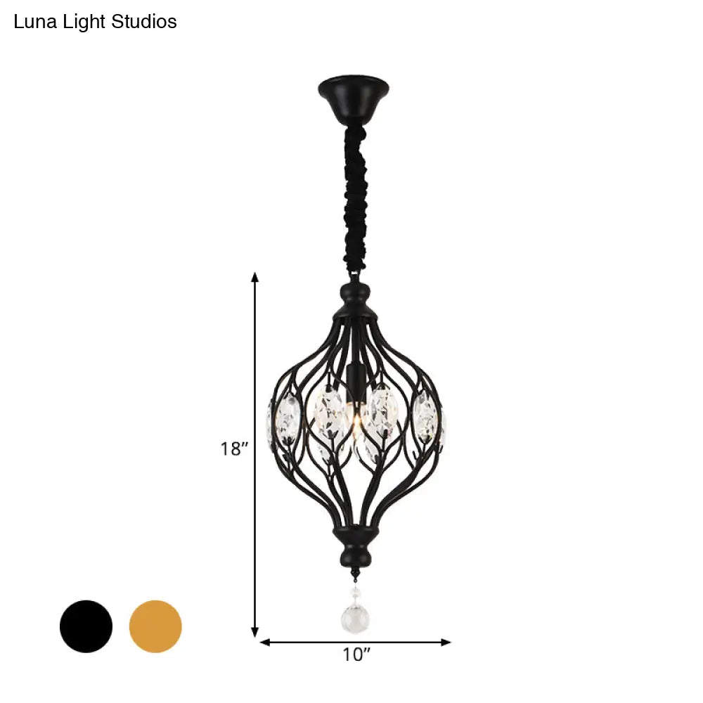 Crystal Pendant Lantern Light For Traditional Bedrooms - 1 Bulb Black/Gold