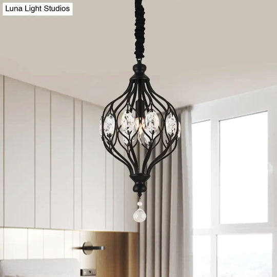 Crystal Pendant Lantern Light For Traditional Bedrooms - 1 Bulb Black/Gold