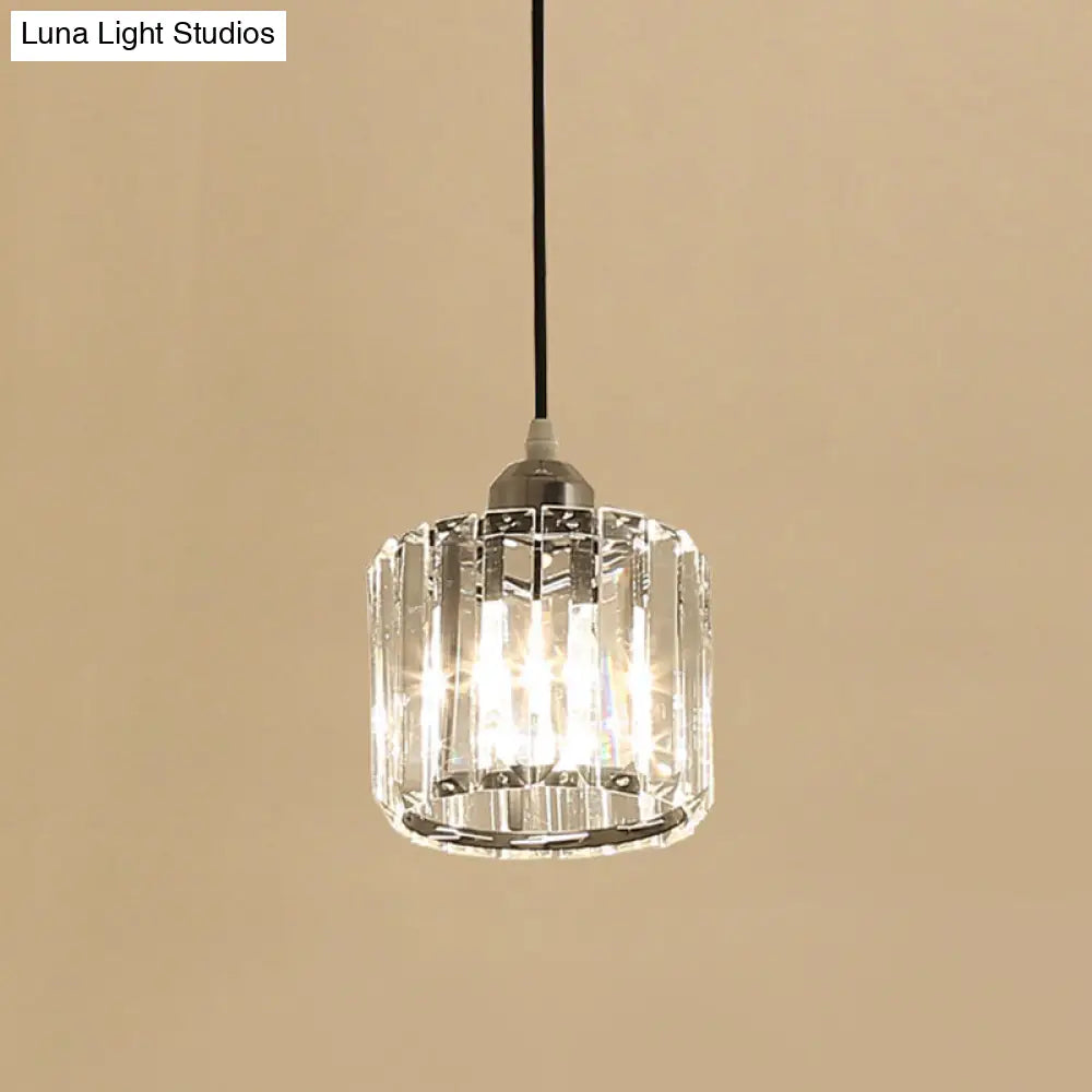 Simple Chrome Cylinder Pendant Lamp With Crystal Pendulum - Ideal For Bedside Or Ceiling